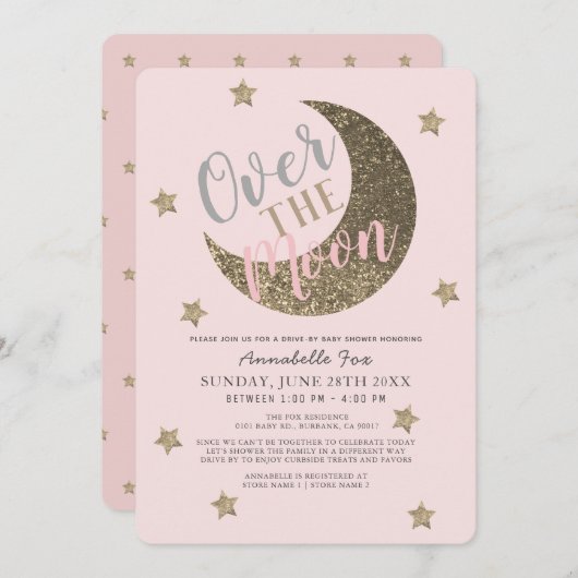 月の上の赤面ピンクのドライブバイベビーシャワー 招待状 (正面/裏面)
