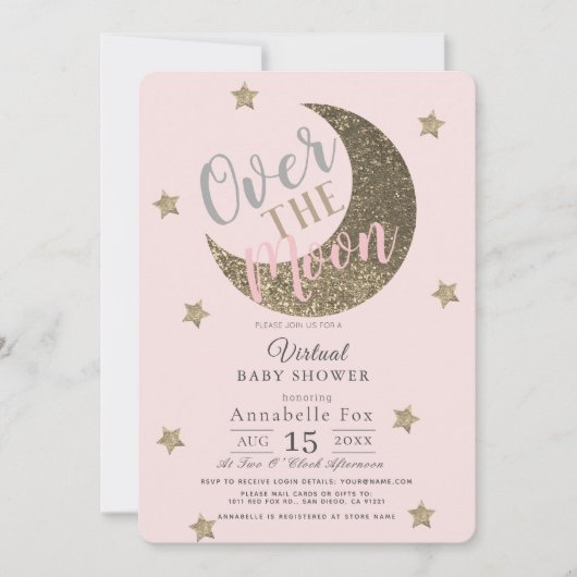 月の上の赤面ピンクの仮想ベビーシャワー 招待状 (正面)