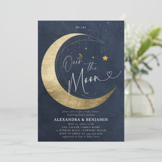 月の上の金ゴールド水色コード男の赤ちゃんシャワー 招待状 (スタンド正面)