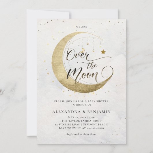 月の上の金ゴールド白い夢のような空の赤ちゃんシャワー 招待状 (正面)