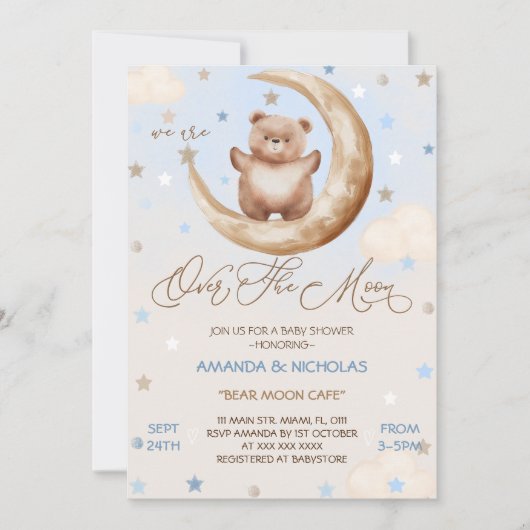 月の上の青いクマの男の子のシャワー 招待状 (正面)