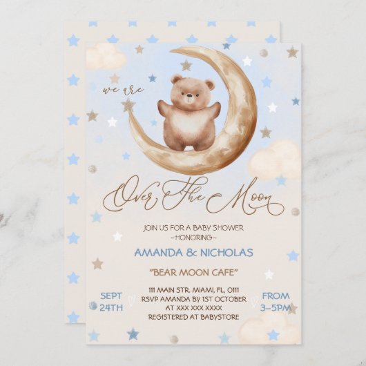 月の上の青いクマの男の子のシャワー 招待状 (正面/裏面)