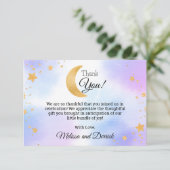 月の上の青ピンクの赤ちゃんシャワーサンキューカード サンキューカード (スタンド正面)