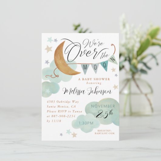「月の上」の月と星の赤ちゃんシャワー 招待状 (スタンド正面)