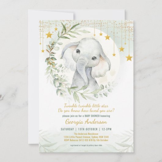 月の上|夢のような緑の金ゴールド·ベビーシャワー 招待状 (正面)