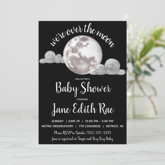 月の上、黒と白の赤ちゃんシャワー 招待状 (スタンド正面)
