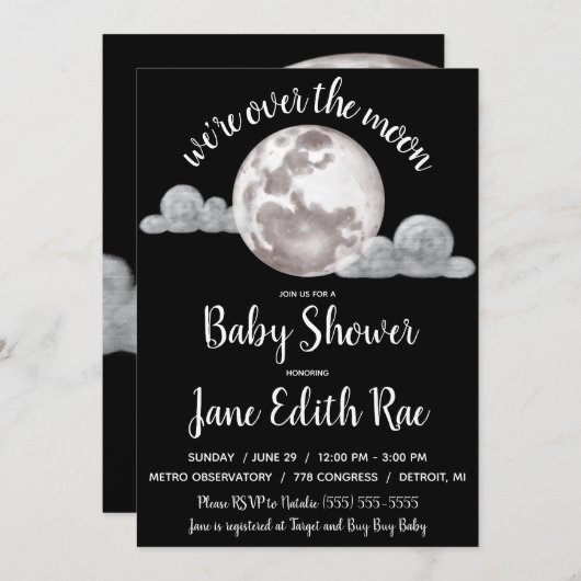 月の上、黒と白の赤ちゃんシャワー 招待状 (正面/裏面)