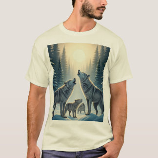 「月の下で吠えるオオカミの群れ」 Tシャツ