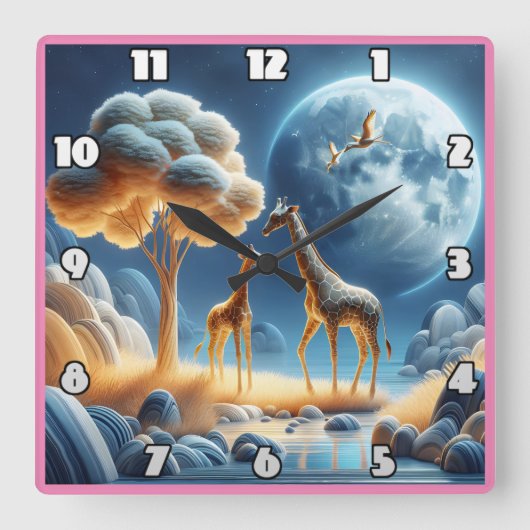 月の下で穏やかな夜を探索するキリン スクエア壁時計 (正面)