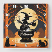 月の下で魔法の魔女がポーションを醸造する スクエア壁時計 (正面)