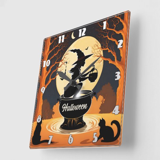 月の下で魔法の魔女がポーションを醸造する スクエア壁時計 (傾斜)