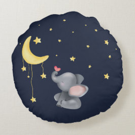月の下に小さな蝶がある可愛い象 ラウンドクッション