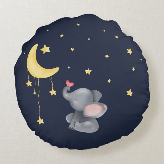 月の下に小さな蝶がある可愛い象 ラウンドクッション (裏面)