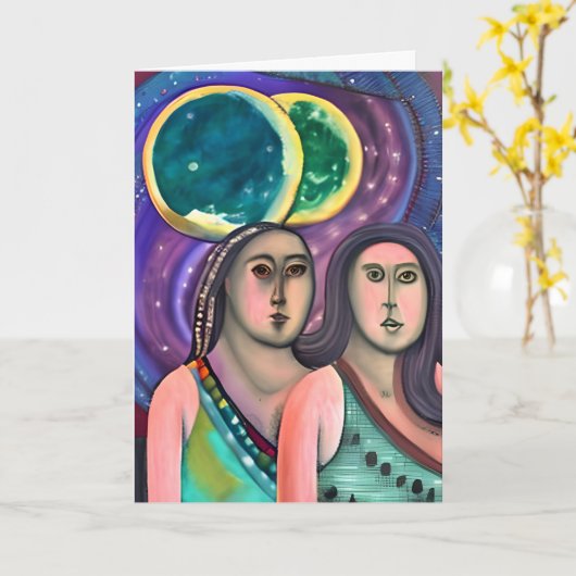 月の下の二人の女性 カード (黄色い花)