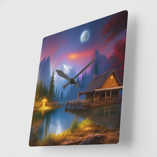 月の下の入り江のキャビン スクエア壁時計 (傾斜)