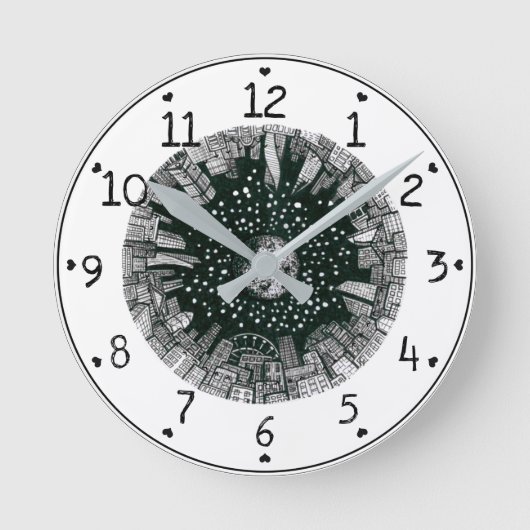 月の下の大きな都市ブラック&ホワイト ラウンド壁時計 (正面)