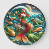月の下の岩に座る魔法の人魚 ラージ壁時計 (正面)