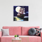 月の下の海に照らされた船 キャンバスプリント (インサイチュ (リビング))