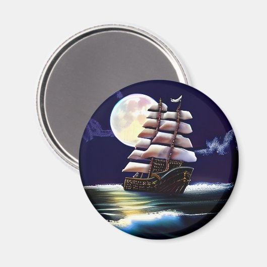 月の下の海に照らされた船 マグネット (正面/裏面)
