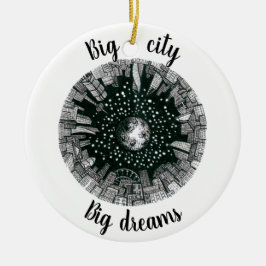 月の下の黒と白のパノラマシティ セラミックオーナメント