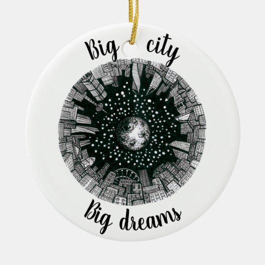 月の下の黒と白のパノラマシティ セラミックオーナメント (正面)