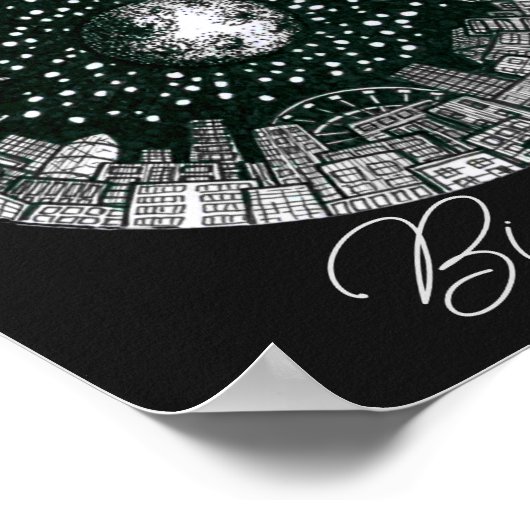 月の下の黒と白のパノラマシティ ポスター (角)