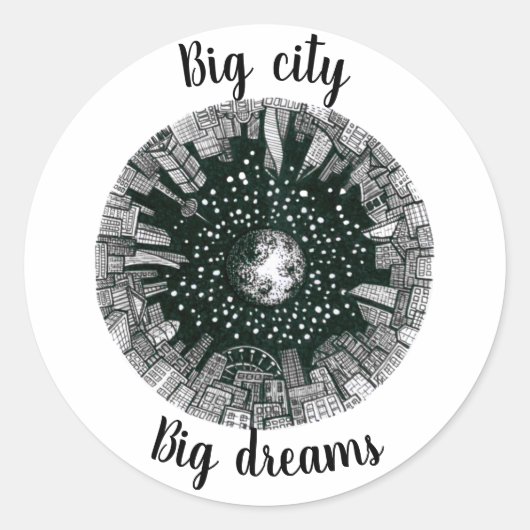 月の下の黒と白のパノラマシティ ラウンドシール (正面)