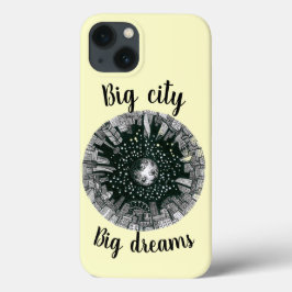 月の下の黒と白のパノラマシティ iPhone 13ケース