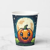月の下の8ビットハロウィンカボチャ 紙コップ (裏面)