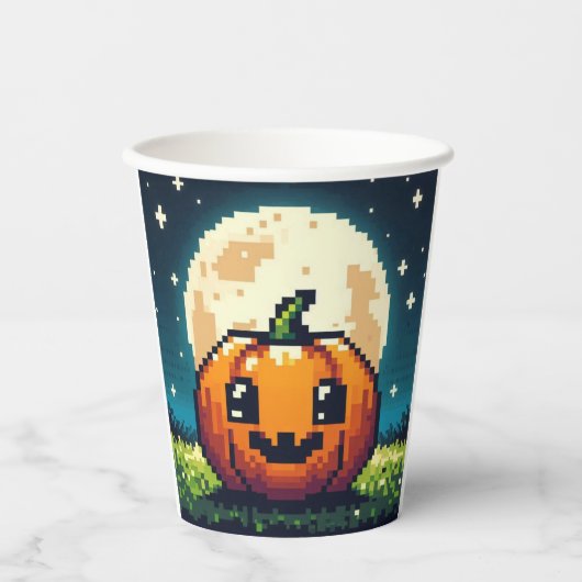 月の下の8ビットハロウィンカボチャ 紙コップ (正面)