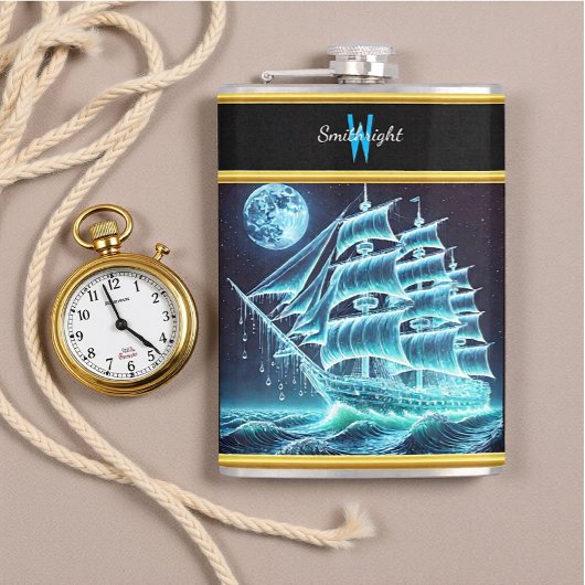 月の下を航海する魅惑の海賊白熱［赤熱］光を放つ船 フラスク