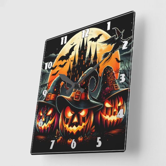月の不気味光でカボチャが輝く スクエア壁時計 (傾斜)