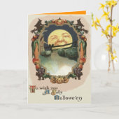月の中の男ハロウィーンのカボチャのちょうちん魔女 カード (黄色い花)