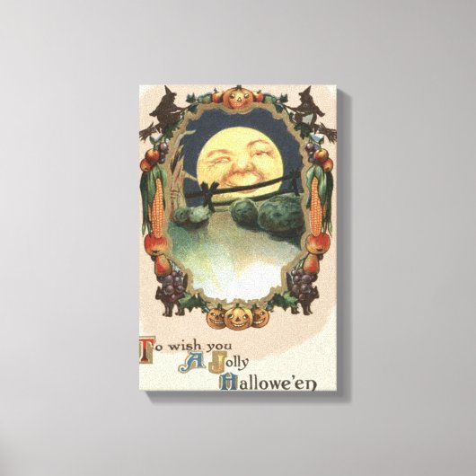 月の中の男ハロウィーンのカボチャのちょうちん魔女 キャンバスプリント (正面)