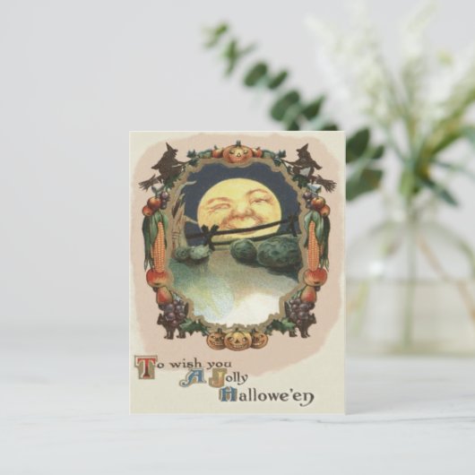 月の中の男ハロウィーンのカボチャのちょうちん魔女 ポストカード (スタンド正面)