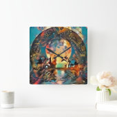 月の光がアジアの夜にシルエットとなる スクエア壁時計 (ホーム)