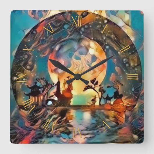 月の光がアジアの夜にシルエットとなる スクエア壁時計 (正面)