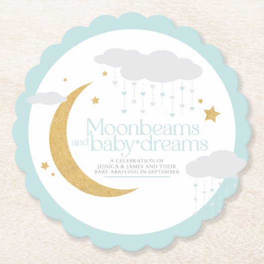 月の光とベビーの夢の赤ちゃんシャワー青 ペーパーコースター (正面)