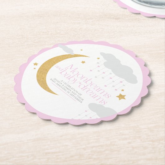 月の光とベビー夢の赤ちゃんシャワーピンク ペーパーコースター (アングル)