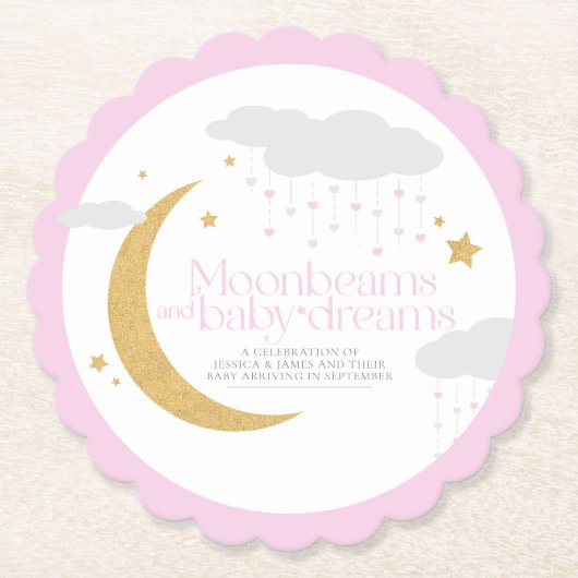 月の光とベビー夢の赤ちゃんシャワーピンク ペーパーコースター (正面)