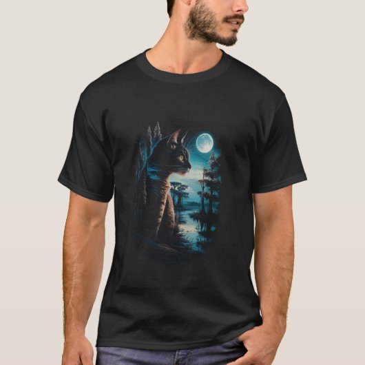 月の光に浮かぶ黒猫のシルエットTシャツ - 憂鬱な猫 Tシャツ (正面)