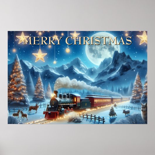 月の光に照らされたクリスマスの列車と森の動物たち ポスター (正面)
