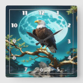 月の光に照らされた枝にワシが止まった スクエア壁時計 (正面)