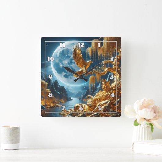 月の光の中のワシ スクエア壁時計 (ホーム)