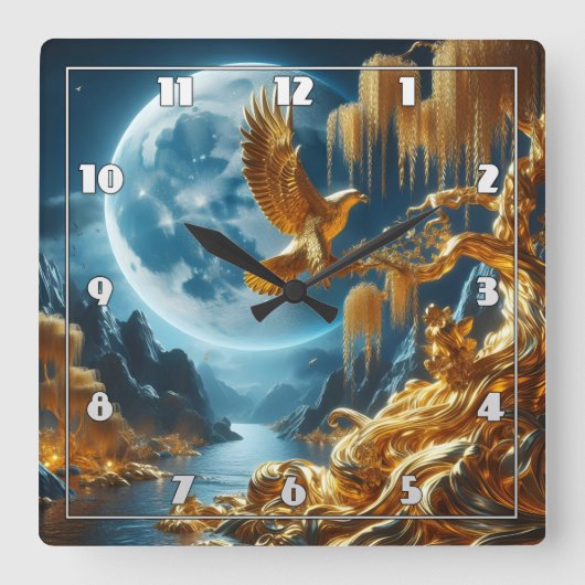 月の光の中のワシ スクエア壁時計 (正面)
