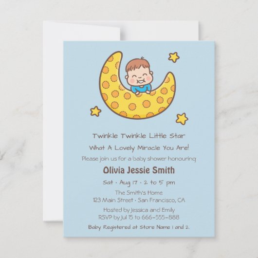 月の光る小さな星の赤ちゃんシャワーの少年 招待状 (正面)
