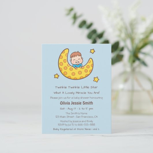 月の光る小さな星の赤ちゃんシャワーの少年 招待状 (スタンド正面)