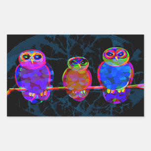 月の前の夜の3羽のカラフルなフクロウ 長方形シール