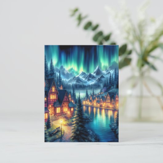 月の反射：家のある夜の湖 ポストカード (スタンド正面)