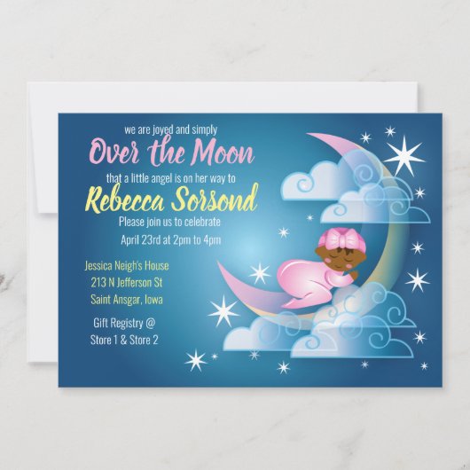 月の向こうで赤ん坊の女の子のシャワーが三日月の上でクラドル 招待状 (正面)